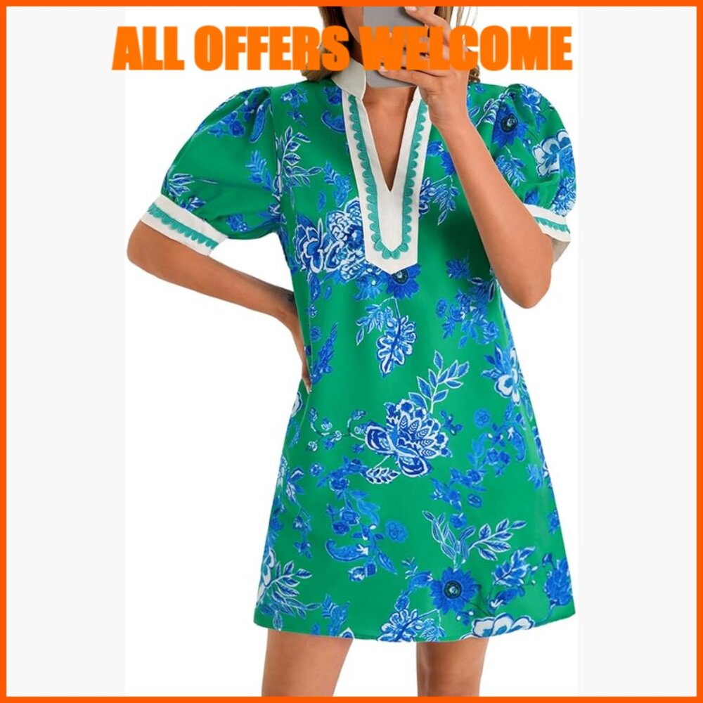 Polyester Elastane Mini Dress with Puff Sleeves V… - image 1